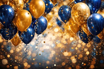 Obraz premium Festive celebration background showcasing shiny gold and blue balloons with glittering confetti and ribbon decorations