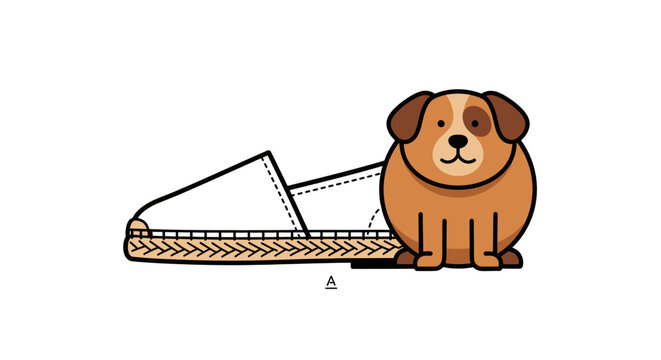 Cute Cartoon Dog Sitting Beside a White Espadrille Shoe.