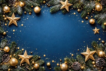 Obraz premium Blue background Christmas composition with golden stars fir branches and baubles in a flat layout with copy space