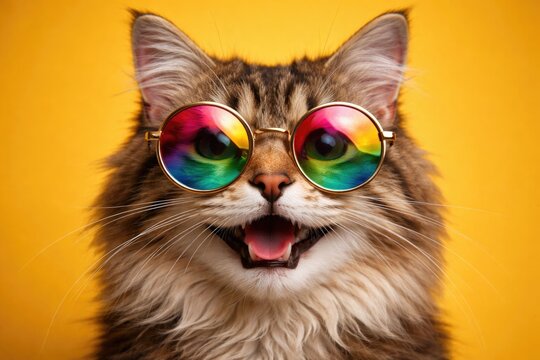 Happy cat modeling fashionable glasses with multicolored lenses against a vivid yellow backdrop