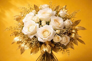 Naklejka premium Graceful bouquet of white and cream roses paired with golden foliage on striking yellow background