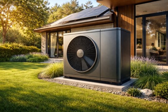 Innovative HVAC heat pump unit located on summer grass lawn near home exterior