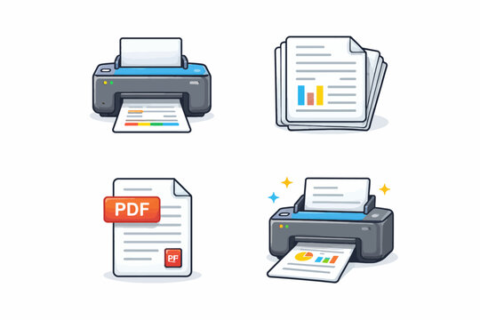 Illustration of printers, document stacks, and pdf files with charts
