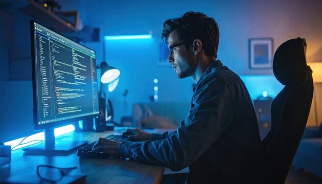 Young man programmer focused on code on a desktop computer screen in a modern office with blue lighting