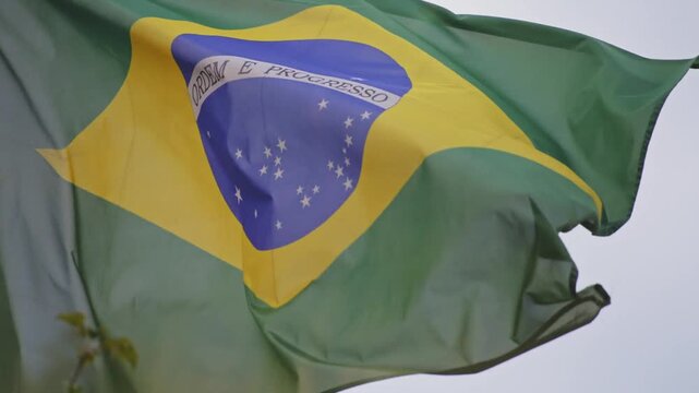 Waving Brazilian Flag in Gray Sky