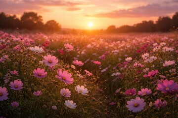 Fototapeta premium Cosmos flower meadow illuminated by soft evening sunset