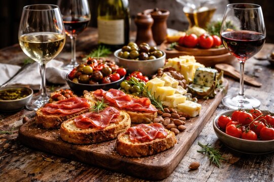 A colorful tapas display with crusty bread cheese and cured ham accompanied by modern wine glasses on a distressed wooden table