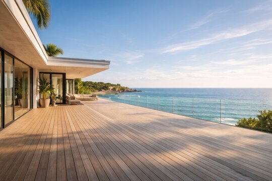 Elegant seaside villa showcasing empty patio terrace and wood planked deck with ocean panorama