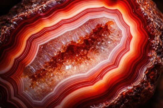 Generative AI enhanced image of red agate mineral showcasing layered structure