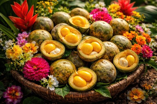 Freshly harvested pequi fruits displayed with colorful flowers