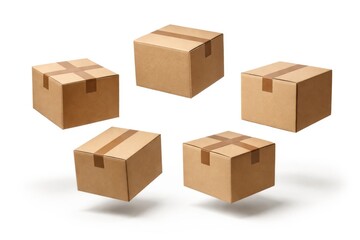 Fototapeta premium five suspended cardboard boxes sealed and isolated on a white backdrop