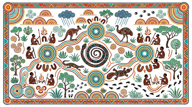 An intricate aboriginal dot painting features a large rainbow serpent surrounded by kangaroos emus people and various native wildlife symbols arranged in a detailed circular tribal pattern.