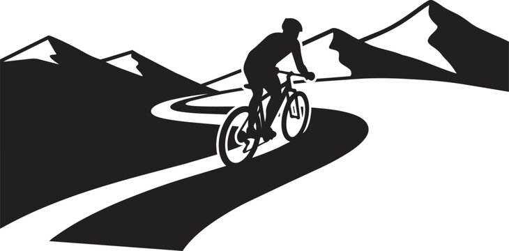 Biker on winding mountain trail silhouette vector icon isolated on white background