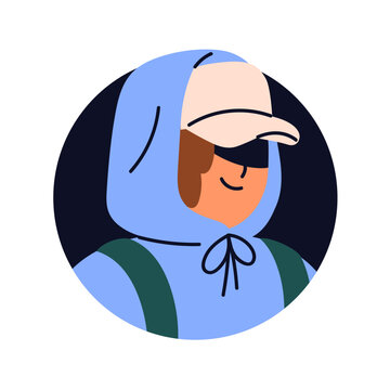Man in hood and baseball cap, face avatar. Male character smiling, smirking, wearing hoodie and visor, head portrait, user profile in circle. Flat vector illustration isolated on white background
