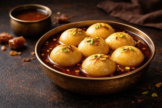 Bowl of Rasgulla sweet enhanced by nolen gur on dark textured background with copy space