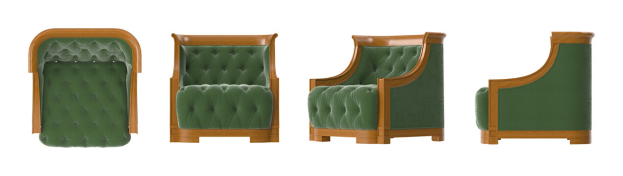 Elegant green tufted armchair with classic wooden frame and sophisticated design