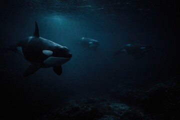 Fototapeta premium Orcas exploring dark marine environment at night with copy space for text