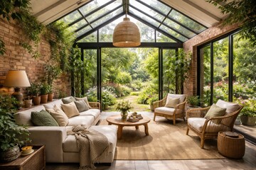 Fototapeta premium Open sunroom design blending garden scenery and brick wall accents