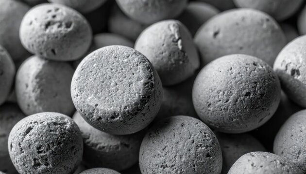 Close-up of porous grey pebbles smooth round stones scattered and piled for texture and background high detail