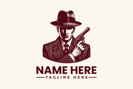 Vintage gangster logo with gun and hat.