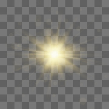 Bright golden sun shines with soft luminous flares and glossy reflections. Warm glow adds cheerful energy. Perfect design element for visuals. Vector