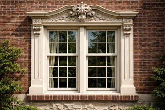 Decorative crown stone above double hung sash windows with muntins and brick sill
