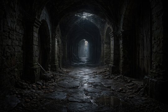 gloomy corridor with uneven stone flooring