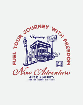Vintage gas station and classic car with adventure slogan graphi