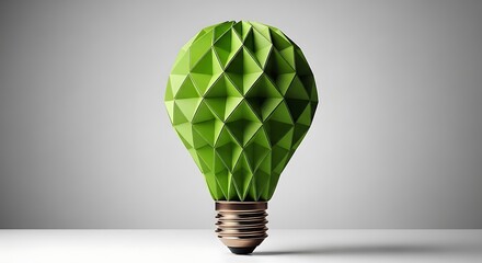 Geometric green paper lightbulb resting on a desk, symbolizing sustainable business solutions, green energy, and ecology.