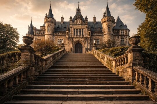 Elevated stone stairway reaching a royal castle facade