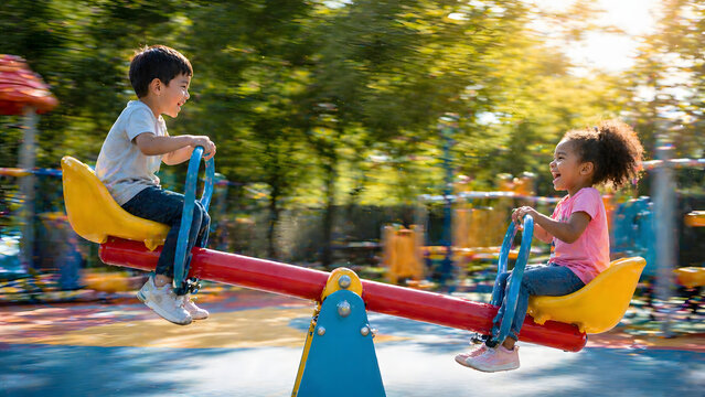 Two happy children playing together on a seesaw at a sunny playground.