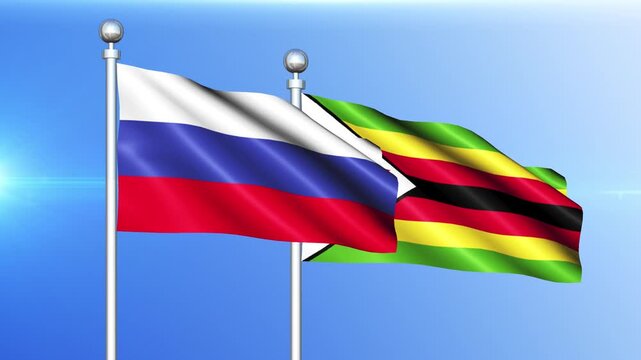 Russia and Zimbabwe National Flag Waving on Pole Loop
