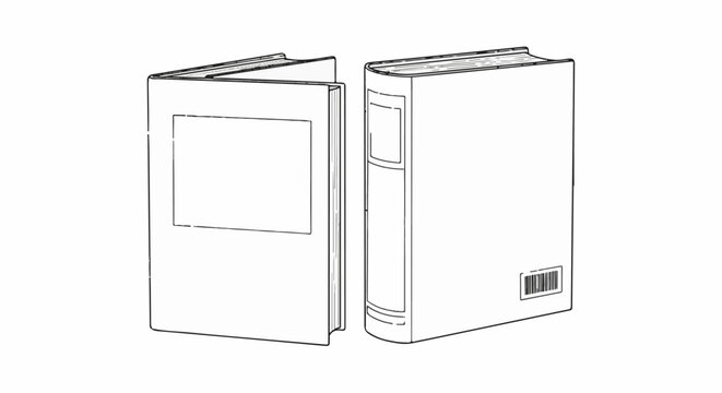 Two open and closed books, one with barcode and label area