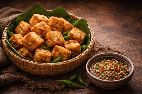 Classic tahu sumedang dish with savory sauce presented on textured table with copy space