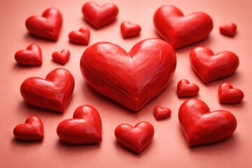 Fototapeta premium Artistic red plasticine heart shapes positioned on a warm pink backdrop highlighting playful design and love