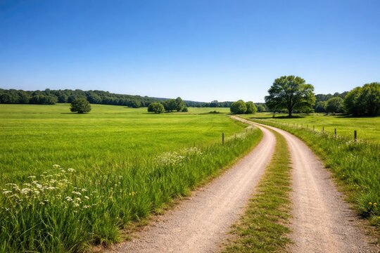 Lush green ground by a country road featuring a cloudless blue sky
