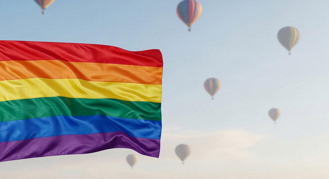 Rainbow flag unfurling against a soft sky with blurred hot air balloons, symbolizing pride, diversity, and celebration, ideal for LGBTQ+ campaigns.