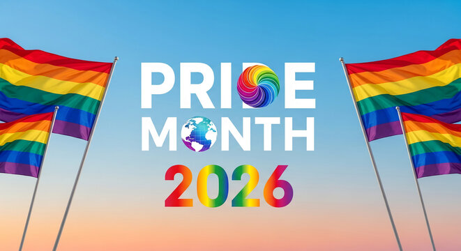Rainbow flags waving against a clear sky, celebrating pride month with the year 2026, symbolizing inclusivity and diversity globally.