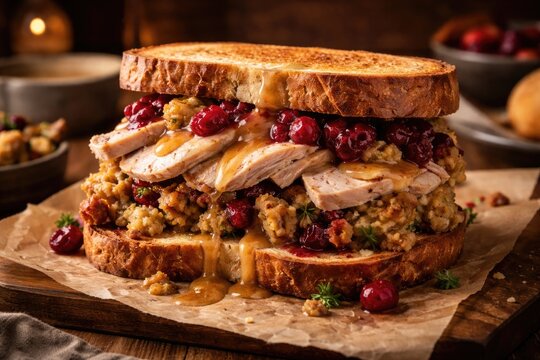 Homemade turkey sandwich packed with Thanksgiving leftovers including cranberries and stuffing