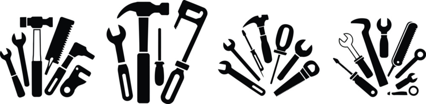 Property renovation tools silhouette icon set featuring black construction and repair symbols on white background for home improvement and building design