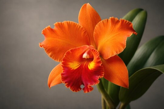 Close up of a vivid orange cattleya orchid positioned on a muted gray background