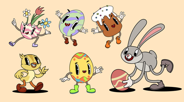 Groovy retro Easter cartoon characters set. Easter bunny, eggs, chick and glazed kulich (sweet bread) on light green check background. Vector illustrations.