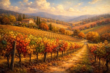 Naklejka premium Oil painting of a vibrant vineyard landscape with autumn colors and gently rolling grape hills under a bright sky