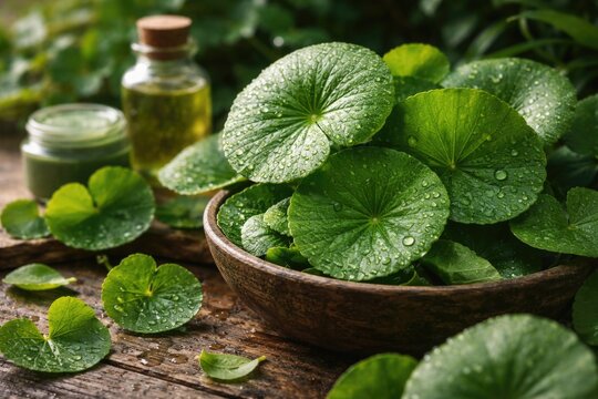 Gotu Kola plant leaves emphasizing natural healing and beauty care ingredients
