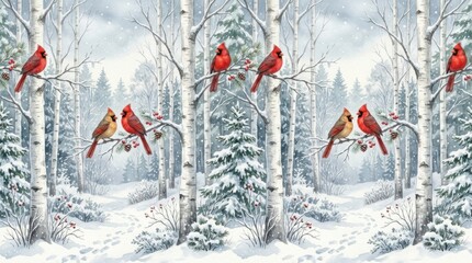 Naklejka premium Red cardinals perched on snowy branches in a winter forest scene with birch trees and evergreen trees in the background, creating a serene nature landscape