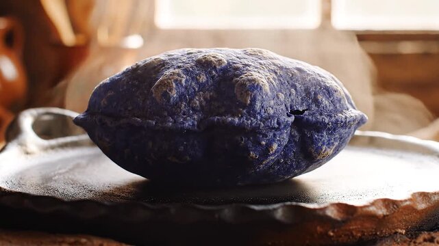 Blue corn tortilla puffing up on a hot griddle with steam