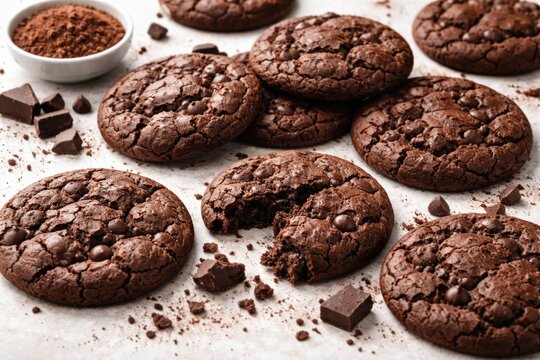 arrangement of cocoa cookies on white background highlighting texture and detail
