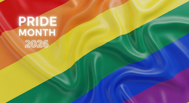 Waving rainbow flag with "PRIDE MONTH 2026" text, symbolizing LGBTQ+ pride, celebration, and inclusivity.