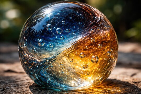 Extreme close up of a bi color glass paperweight with visible air bubbles and unique surface flaws captured outdoors