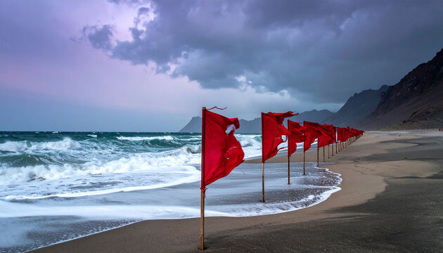 Tattered red flags line a stormy beach, signaling danger amidst crashing waves and dark mountains. This dramatic scene captures natures raw power and warning signs for risk and public safety.